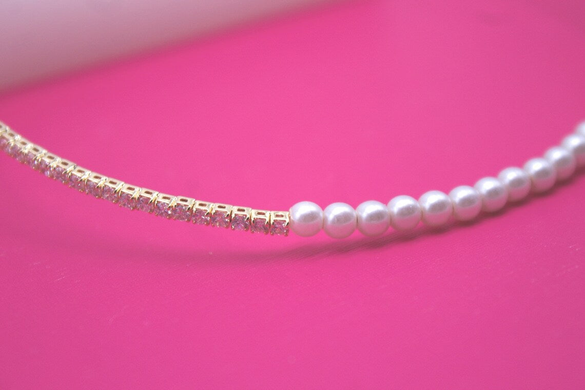 18K Gold Filled Pearl Neck Choker With Round CZ Stones (H54)