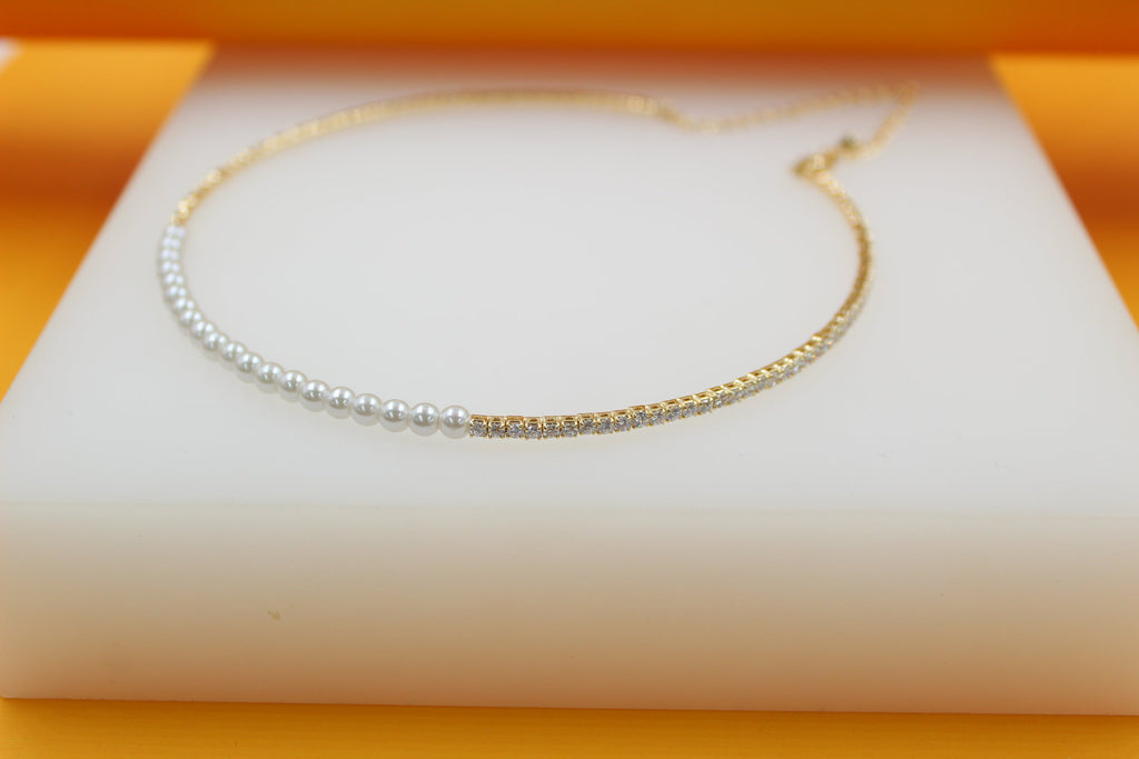 18K Gold Filled Pearl Neck Choker With Round CZ Stones (H54)