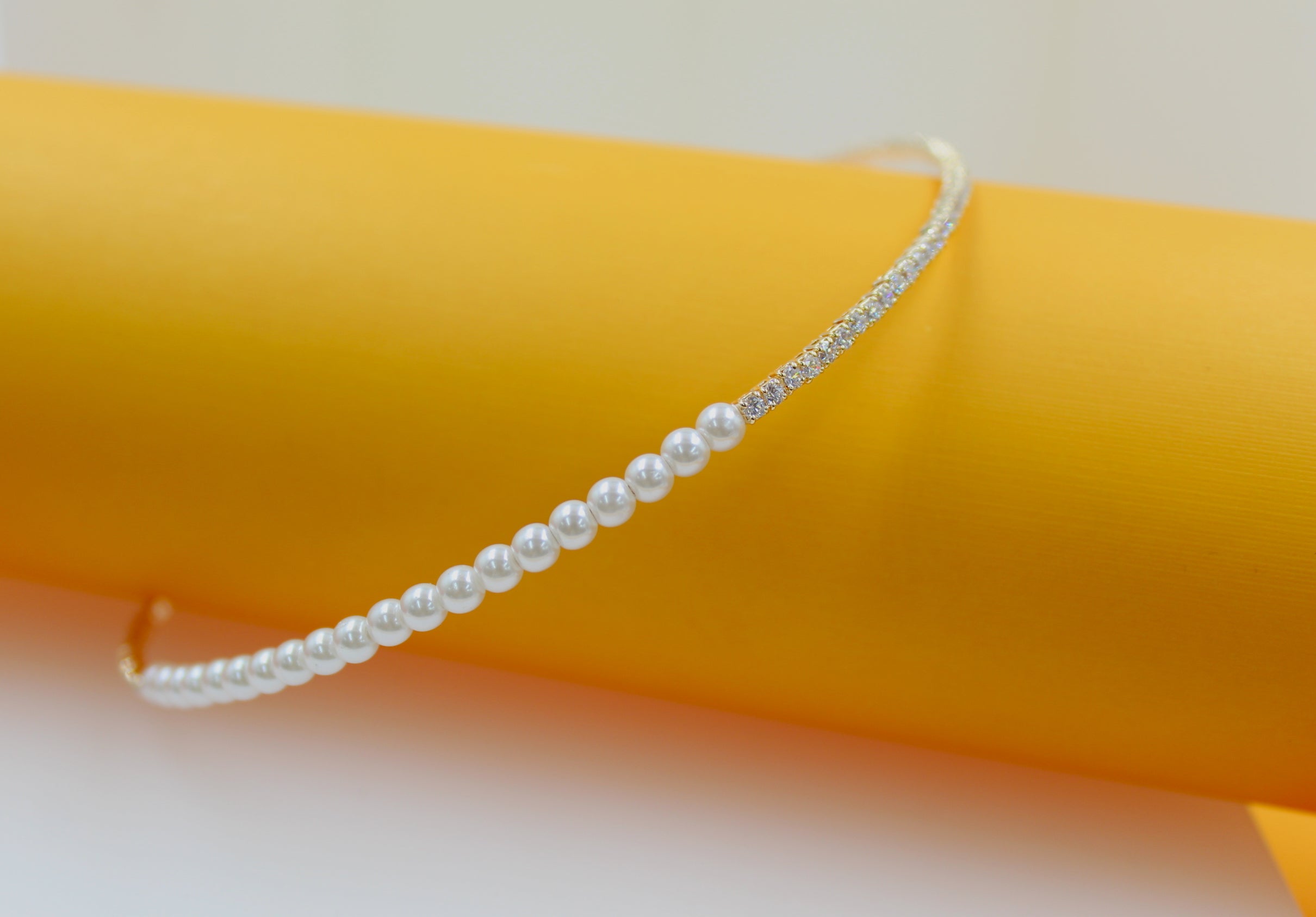 18K Gold Filled Pearl Neck Choker With Round CZ Stones (H54)