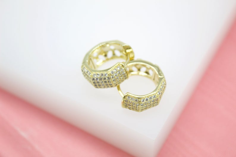 18K Gold Filled Huggies Earrings With Micro CZ Cubic Zirconia Stones