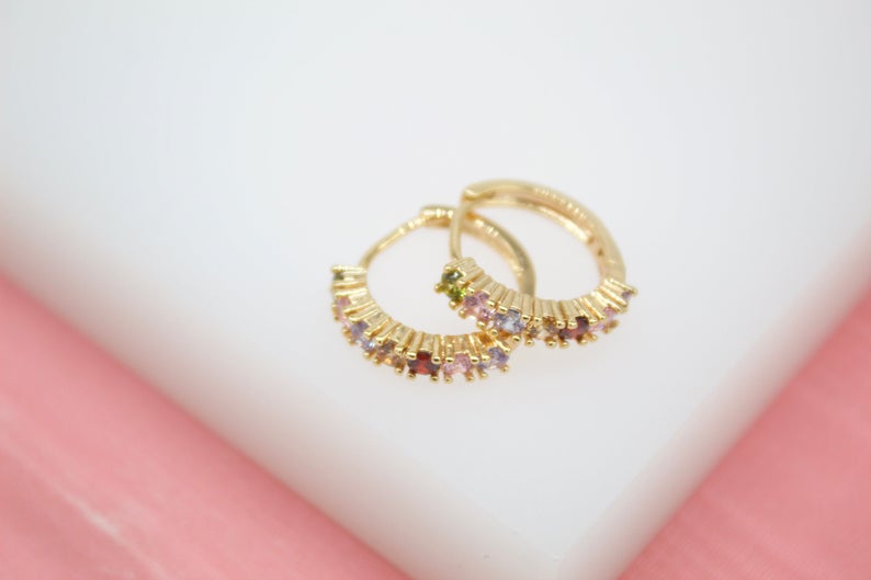 18K Gold Filled Huggies Earrings With Round Multi Color CZ Cubic Zirconia Stones (STYLE C)